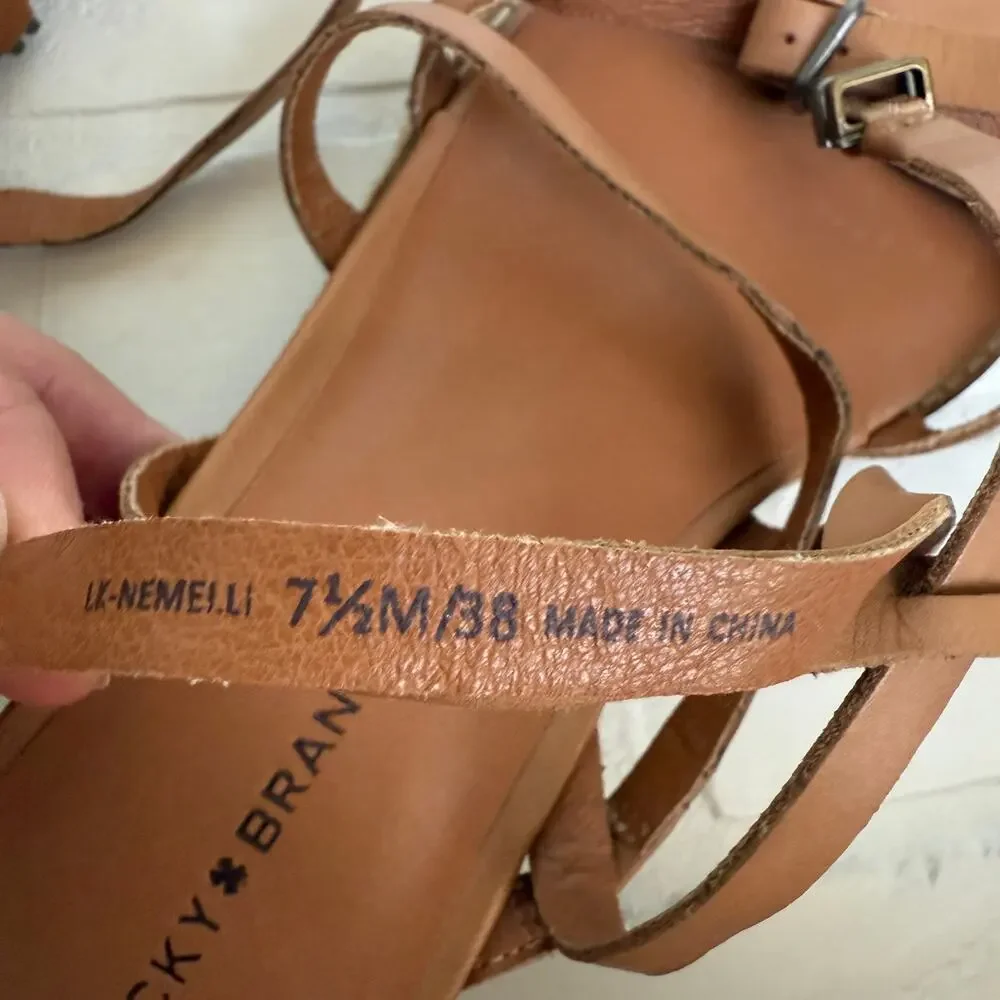 Lucky Brand Nemelli Light Tan Leather Strappy Gladiator Wedge Sandal sz 7.5